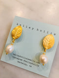 Golden Leaf Pearl Earrings