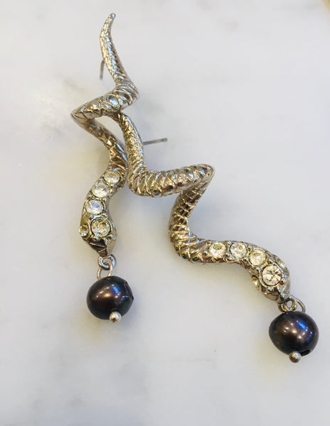 Silver and Baroque Pearl Snake Earrings