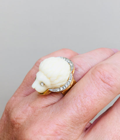 Fabulous vintage mid century Hattie Carnegie lion ring. Meticulously reset stones, set on 22ct gold vermeil band made to your size specifications. A truly lovely collector piece.